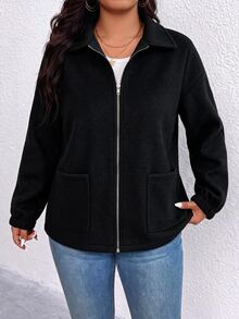 EMERY ROSE Plus Size Women's Best-Selling Elegant Solid Color Wool Blend Lapel Stand Collar Long Sleeve Jacket, Slimming Minimalist Design With Multi-Functional Pockets, Suitable For Daily Wear, Commuting, Dating And Gatherings - Black - View 4