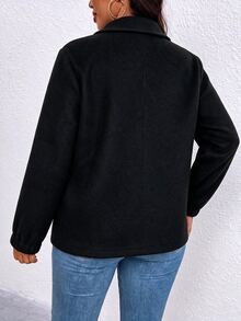 EMERY ROSE Plus Size Women's Best-Selling Elegant Solid Color Wool Blend Lapel Stand Collar Long Sleeve Jacket, Slimming Minimalist Design With Multi-Functional Pockets, Suitable For Daily Wear, Commuting, Dating And Gatherings - Black - View 2