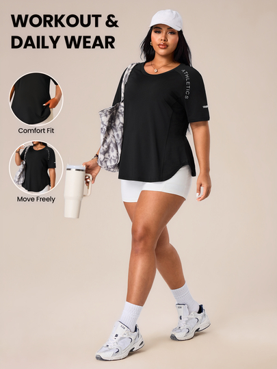 SHEIN Rhythm Era Women's Plus Size Letter Print Round Neck Casual Athletic Versatile Daily Wear Gym Sports T-Shirt Gym Black And White Summer Gym Sports Gym Sports