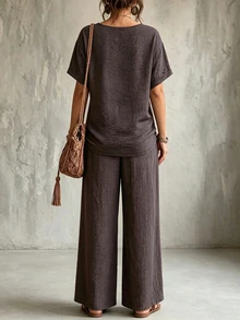 Glimmora Women's Vintage Boho Artistic Style Casual Loose Slimming Round Neck Short Sleeve Top And Wide Leg Pants Set Vacation Dark Grey Summer - Coffee Brown - View 2