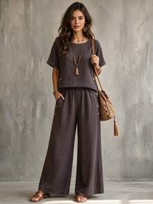 Glimmora Women's Vintage Boho Artistic Style Casual Loose Slimming Round Neck Short Sleeve Top And Wide Leg Pants Set Vacation Dark Grey Summer - Coffee Brown - View 1