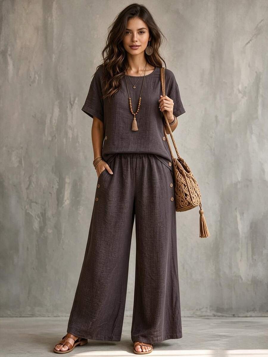 Glimmora Women's Vintage Boho Artistic Style Casual Loose Slimming Round Neck Short Sleeve Top And Wide Leg Pants Set Vacation Dark Grey Summer - Coffee Brown - View 1