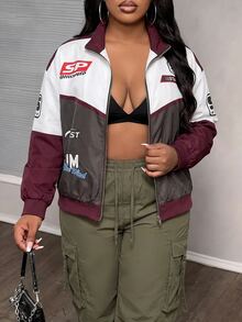 Slaydiva Jaket Wanita Ukuran Besar, Mantel Bomber Resleting Ukuran Besar dengan Motif Grafis Blok Warna untuk Musim Gugur - MultiWarna - View 3