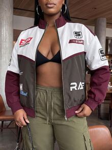 Slaydiva Jaket Wanita Ukuran Besar, Mantel Bomber Resleting Ukuran Besar dengan Motif Grafis Blok Warna untuk Musim Gugur - MultiWarna - View 5