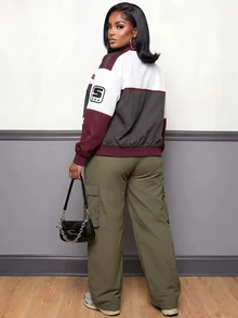 Slaydiva Jaket Wanita Ukuran Besar, Mantel Bomber Resleting Ukuran Besar dengan Motif Grafis Blok Warna untuk Musim Gugur - MultiWarna - View 4