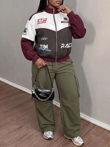 Slaydiva Jaket Wanita Ukuran Besar, Mantel Bomber Resleting Ukuran Besar dengan Motif Grafis Blok Warna untuk Musim Gugur - MultiWarna - View 9