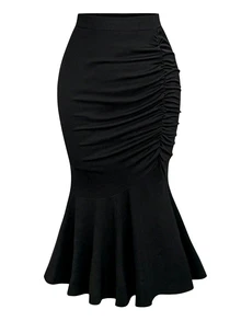 Sweetra CURVE Plus Ruched Mermaid Hem Maxi Skirt Fall - Black - View 1