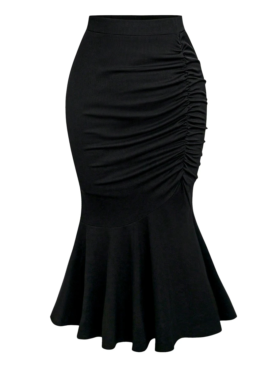 Sweetra CURVE Plus Ruched Mermaid Hem Maxi Skirt Fall - Black - View 1