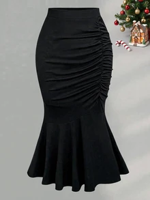 Sweetra CURVE Plus Ruched Mermaid Hem Maxi Skirt Fall - Black - View 3