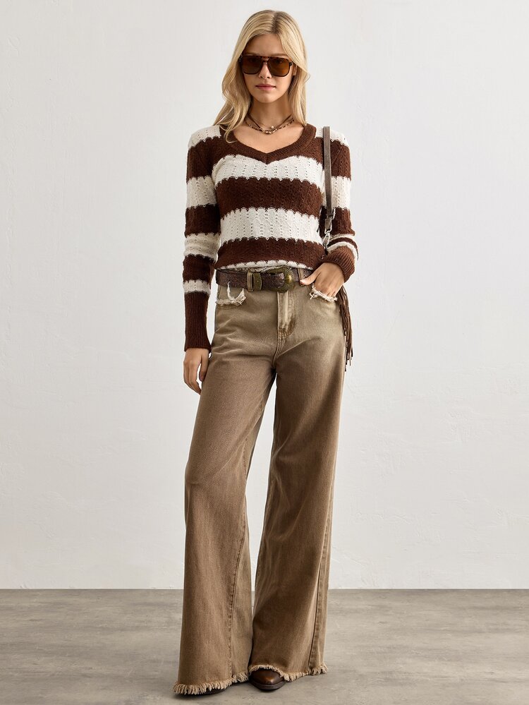 Pariaura Contrast Stripe V-Neck Ribbed Knit Sweater Slim Fit Long Sleeve Pullover - Brown - View 5