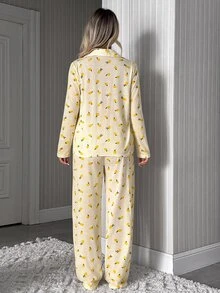 SHEIN Lemon Print Contrast Piping Button Front Long Sleeve Casual Pajama Set - Yellow - View 2