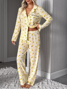 SHEIN Lemon Print Contrast Piping Button Front Long Sleeve Casual Pajama Set - Yellow - View 5