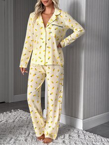 SHEIN Lemon Print Contrast Piping Button Front Long Sleeve Casual Pajama Set - Yellow - View 4