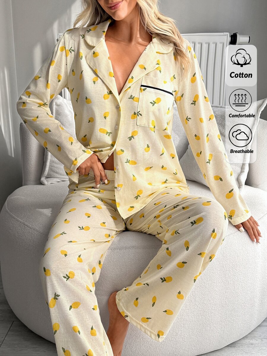 SHEIN Lemon Print Contrast Piping Button Front Long Sleeve Casual Pajama Set - Yellow - View 1