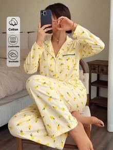 SHEIN Lemon Print Contrast Piping Button Front Long Sleeve Casual Pajama Set - Yellow - View 3