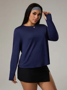Rhythm Era Camiseta deportiva de manga larga con dobladillo asimétrico y hueco de unicolor para mujer de talla grande, otoño - Azul Marino - Ver 5