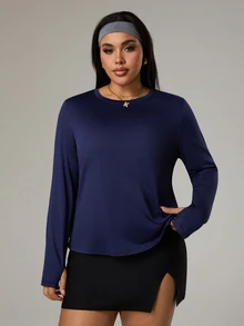 Rhythm Era Camiseta deportiva de manga larga con dobladillo asimétrico y hueco de unicolor para mujer de talla grande, otoño - Azul Marino - Ver 4