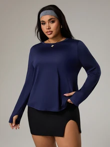 Rhythm Era Camiseta deportiva de manga larga con dobladillo asimétrico y hueco de unicolor para mujer de talla grande, otoño - Azul Marino - Ver 2