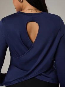 Rhythm Era Camiseta deportiva de manga larga con dobladillo asimétrico y hueco de unicolor para mujer de talla grande, otoño - Azul Marino - Ver 3