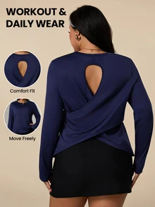 Rhythm Era Camiseta deportiva de manga larga con dobladillo asimétrico y hueco de unicolor para mujer de talla grande, otoño - Azul Marino - Ver 1
