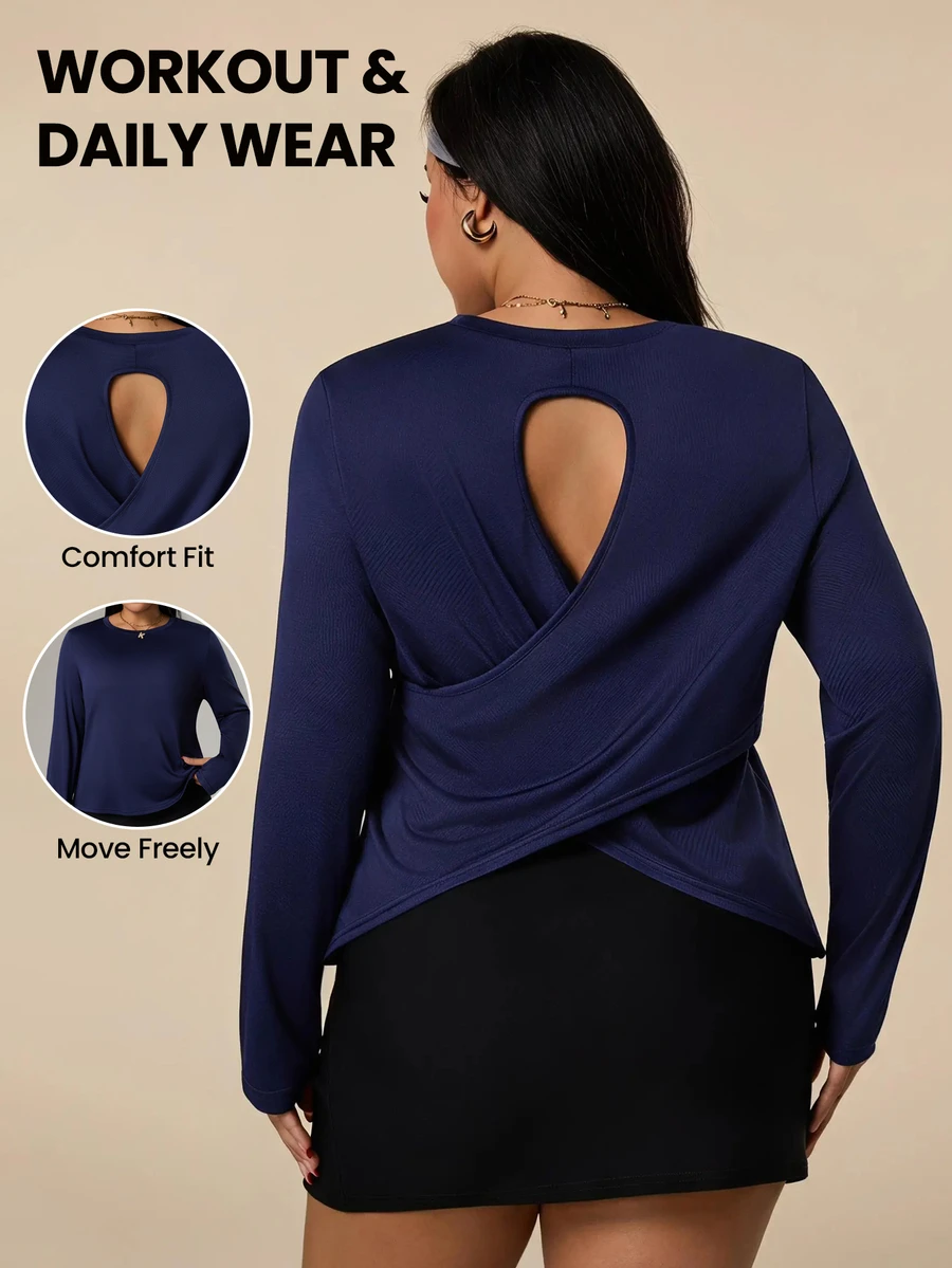 Rhythm Era Camiseta deportiva de manga larga con dobladillo asimétrico y hueco de unicolor para mujer de talla grande, otoño - Azul Marino - Ver 1