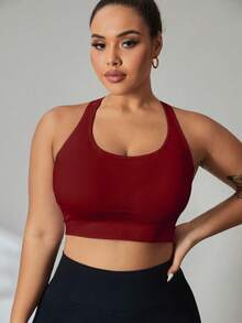 SHEIN Rhythm Era Plus Size Solid Color Basic Racerback High Stretch Sports Bra For Chinese New Year - Burgundy - View 4