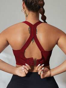 SHEIN Rhythm Era Plus Size Solid Color Basic Racerback High Stretch Sports Bra For Chinese New Year - Burgundy - View 5