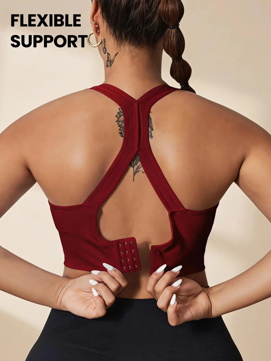 SHEIN Rhythm Era Plus Size Solid Color Basic Racerback High Stretch Sports Bra For Chinese New Year - Burgundy - View 1