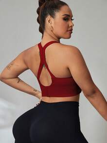SHEIN Rhythm Era Plus Size Solid Color Basic Racerback High Stretch Sports Bra For Chinese New Year - Burgundy - View 2