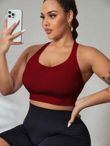 SHEIN Rhythm Era Plus Size Solid Color Basic Racerback High Stretch Sports Bra For Chinese New Year - Burgundy - View 3
