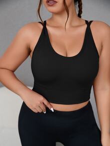 Rhythm Era Plus Size Sports Bra Backless Criss Cross Memotong Plain - Hitam - View 6