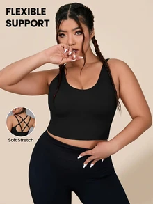 Rhythm Era Plus Size Sports Bra Backless Criss Cross Memotong Plain - Hitam - View 1
