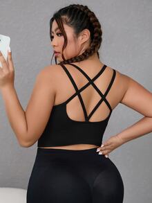 Rhythm Era Plus Size Sports Bra Backless Criss Cross Memotong Plain - Hitam - View 2