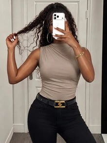 BamGleam 女士纯色立领褶裥休闲百搭上衣 - 卡其色 - 查看 3