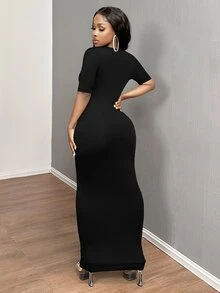 SHEIN SXY 女款素色V領貼身短袖洋裝 舞會禮服 - 黑色 - 查看 3