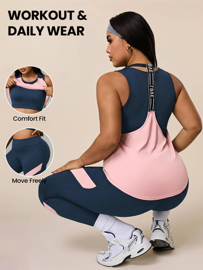 Rhythm Era Plus Size Women's Solid Color Crew Neck Inner Layer, High Waist Leggings And Letter Print Top Casual Sports Set