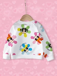 THE POWERPUFF GIRLS X SHEIN 女婴休闲可爱花朵、泡泡、毛茛图案套头衫，适合春秋季日常穿着 - 白色 - 查看 2