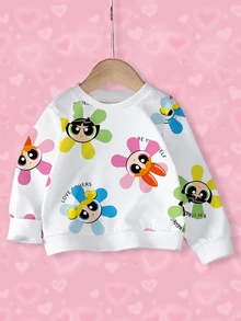 THE POWERPUFF GIRLS X SHEIN 女婴休闲可爱花朵、泡泡、毛茛图案套头衫，适合春秋季日常穿着 - 白色 - 查看 1
