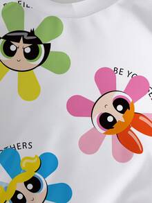 THE POWERPUFF GIRLS X SHEIN 女婴休闲可爱花朵、泡泡、毛茛图案套头衫，适合春秋季日常穿着 - 白色 - 查看 5