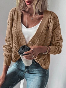 EMERY ROSE Cárdigan de punto abierto con hombros caídos, blusas de manga larga - Marrón - Ver 8