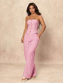 SHEIN PETITE 女款條紋印花抹胸上衣與斜口袋長褲休閒兩件套，適合嬌小女性 - 粉色 - 查看 3