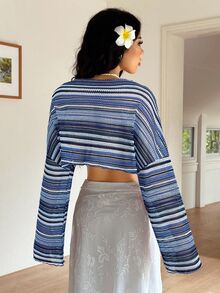 SHEIN EZwear 女式彩色条纹长袖上衣，夏季 - 藍白色 - 查看 6