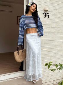SHEIN EZwear 女式彩色条纹长袖上衣，夏季 - 藍白色 - 查看 4