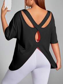 SHEIN Velisys Plus Size Women's Solid Color Sports Backless Short Sleeve T-Shirt Gym Active Black Dark Green Summer - Multicolor - View 7