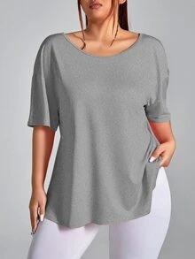 SHEIN Velisys Plus Size Women's Solid Color Sports Backless Short Sleeve T-Shirt Gym Active Black Dark Green Summer - Multicolor - View 8