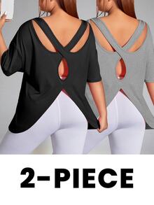SHEIN Velisys Plus Size Women's Solid Color Sports Backless Short Sleeve T-Shirt Gym Active Black Dark Green Summer - Multicolor - View 9