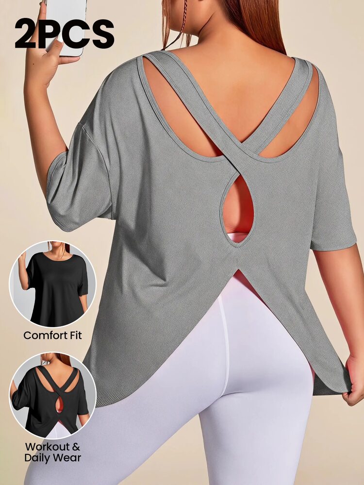 SHEIN Velisys Plus Size Women's Solid Color Sports Backless Short Sleeve T-Shirt Gym Active Black Dark Green Summer - Multicolor - View 1