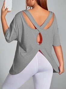 SHEIN Velisys Plus Size Women's Solid Color Sports Backless Short Sleeve T-Shirt Gym Active Black Dark Green Summer - Multicolor - View 5