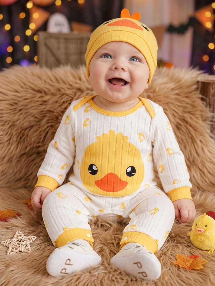 SHEIN Baju Terusan Rajut Bergaris Motif Bebek Kuning Unisex Bayi Usia 3-24 Bulan + Topi, Jumpsuit Lengan Panjang Lembut dan Nyaman yang Lucu, Cocok untuk Musim Gugur/Dingin - MultiWarna - View 6