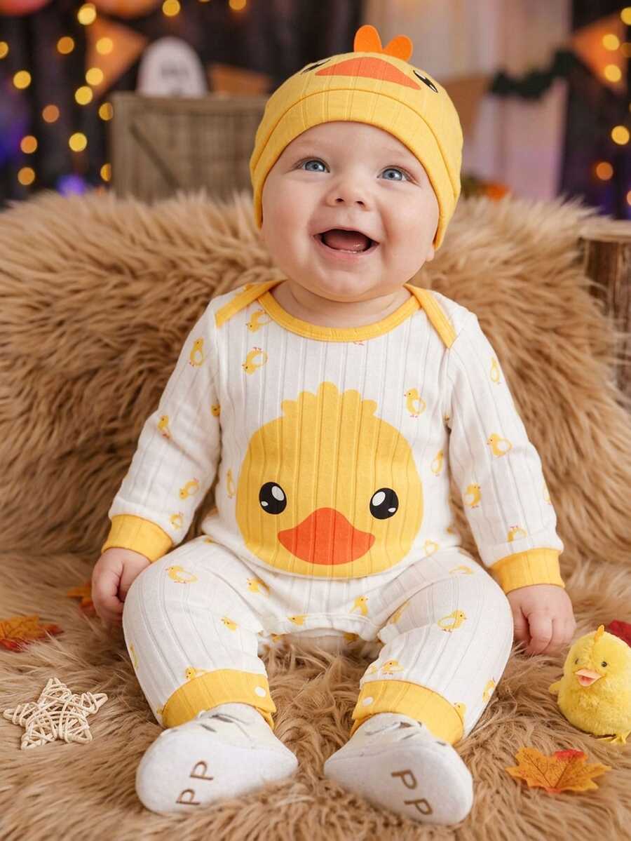 SHEIN 3-24 Months Unisex Baby Yellow Duck Print Ribbed Knit Romper + Hat, Soft Comfortable Long Sleeve Cute Jumpsuit, Suitable For Autumn/Winter - Multicolor - View 1